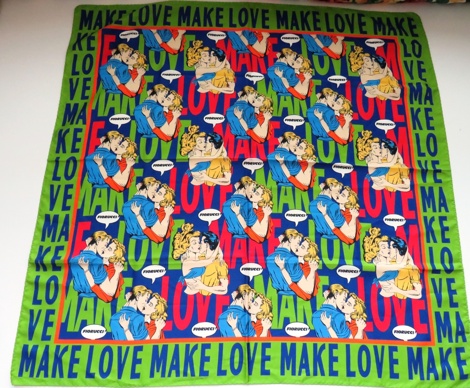 1980s Large Square Mod Scarf by FIORUCCI – MAKE LOVE Pop Art Designer Scarf Wrap