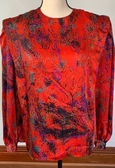 Vtg TESS Paris Secretary Blouse Sz 14 Fall Winter Satin Crimson RED Paint Splash