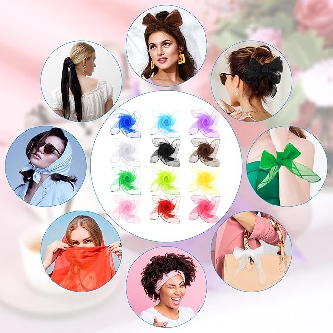 12 Pcs 50s Retro Chiffon Sheer Square Neck Head Handkerchief 27.5 X 27.5 In