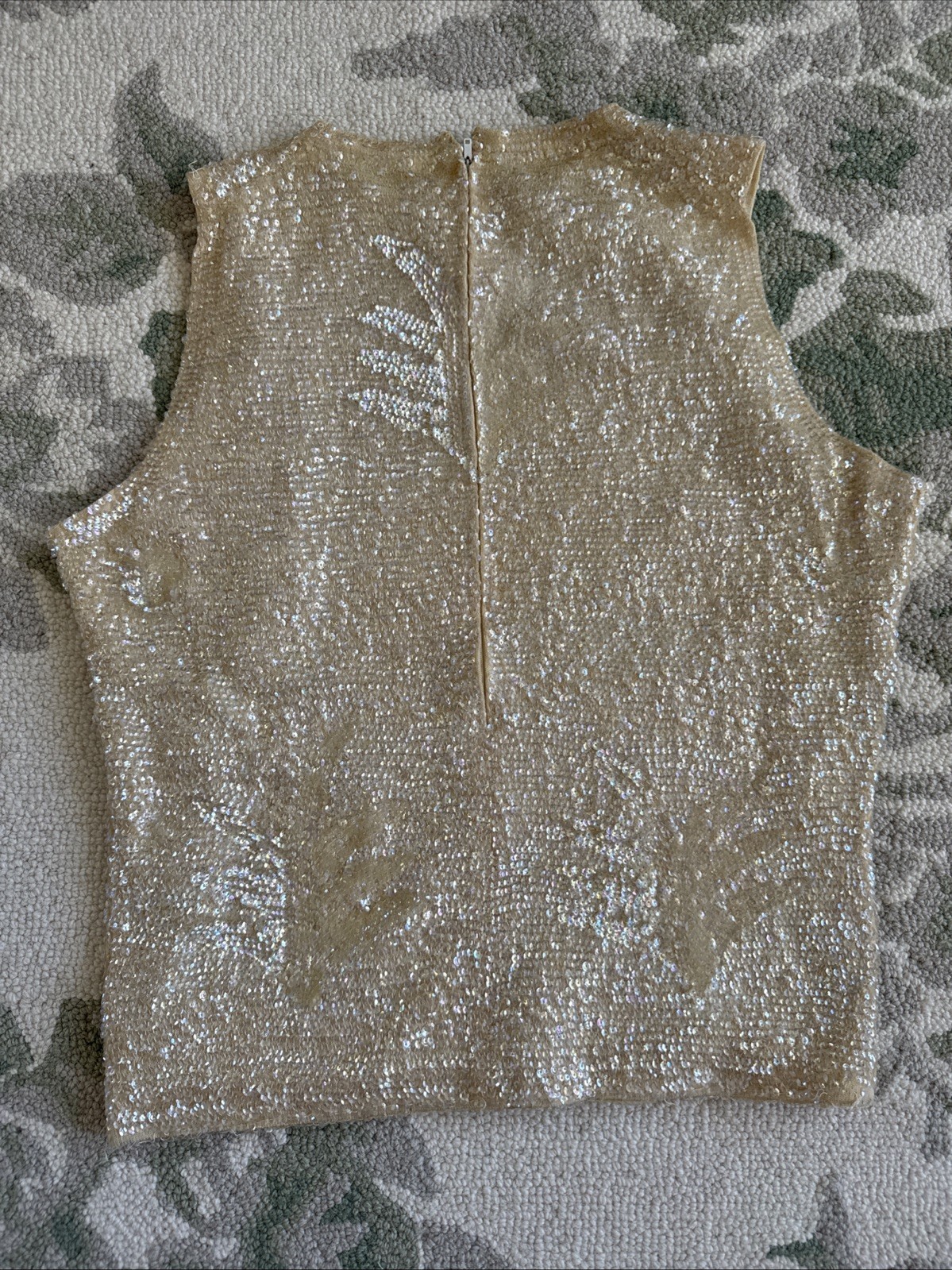 Vintage Mid-19th Century Ivory Wool Sequined Shell Top With Silk Lining Size S/M