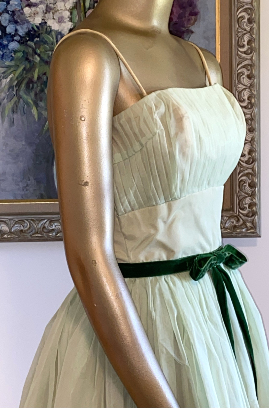 VINTAGE 50’s Fit & Flare Chiffon Party Dress XS Soft Green Velvet Bow Date Prom