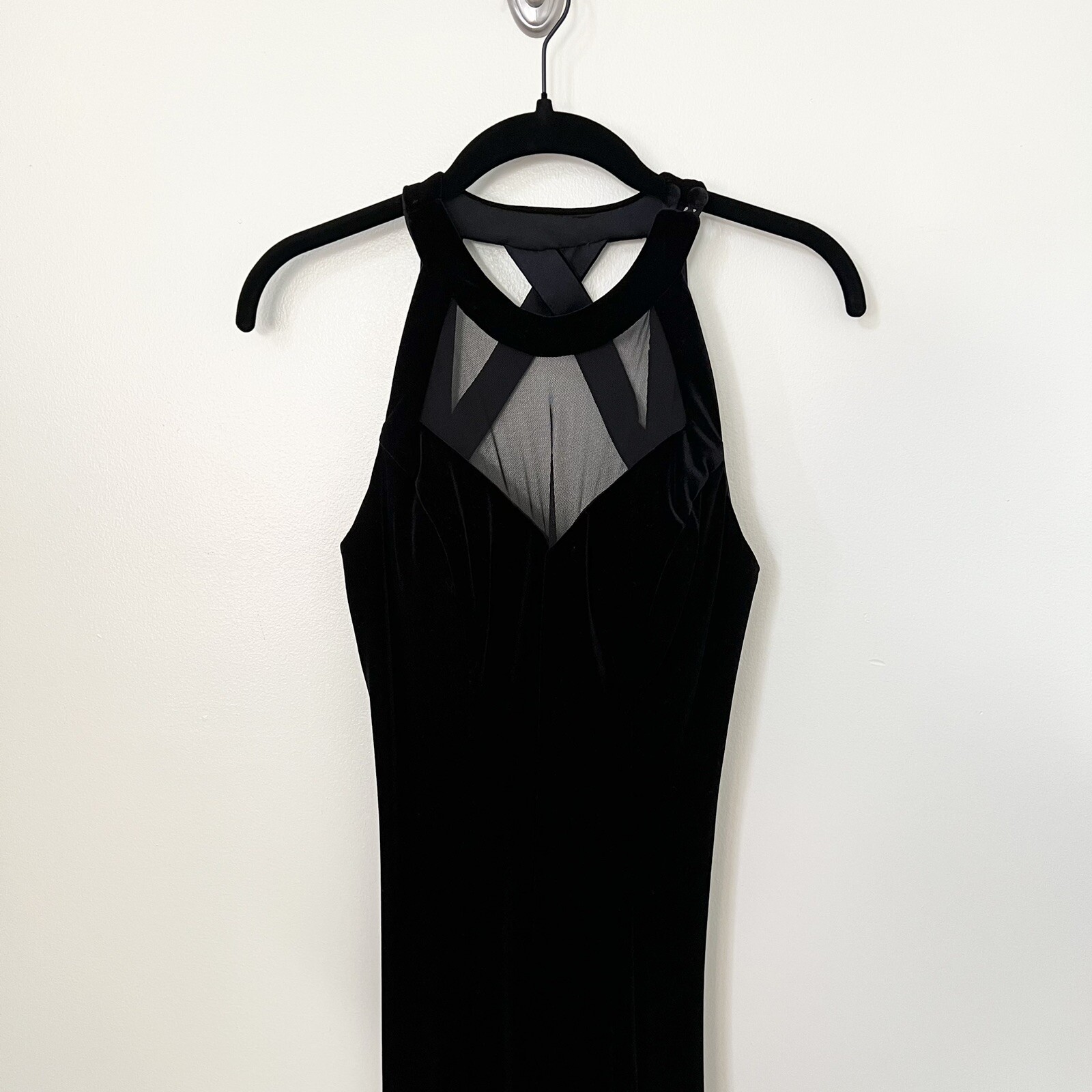 Vintage 90s Faviana New York black velvet mesh strap evening dress size 3/4