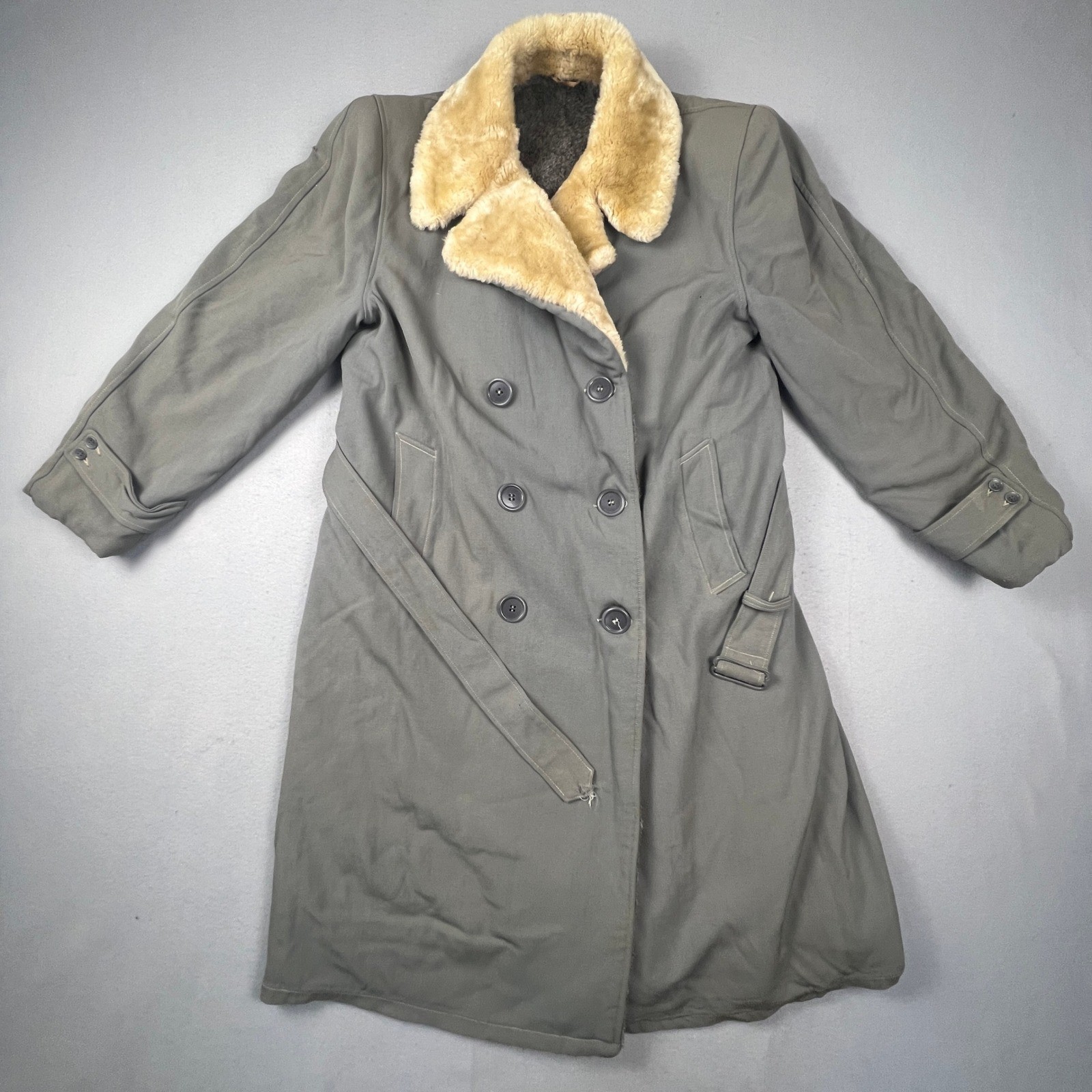 Maurice L Rothschild Alpaca Pile Overcoat Mens XL Grey Vintage Belted Parka 50s