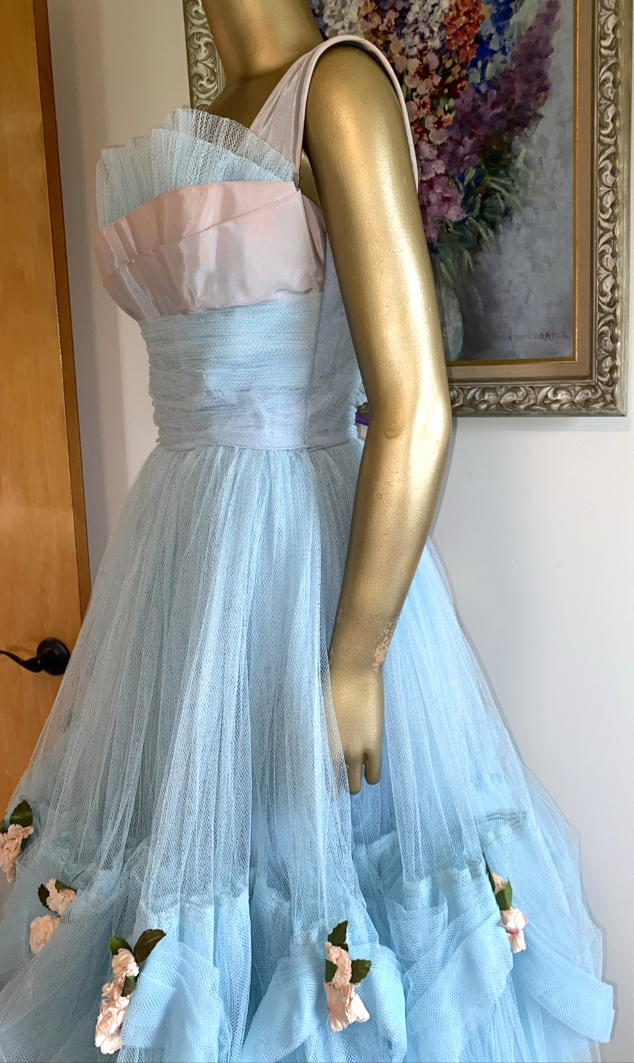 VINTAGE Grand Baby Blue 50’s Tulle & Taffeta Prom Gown w Flowers XS Dress