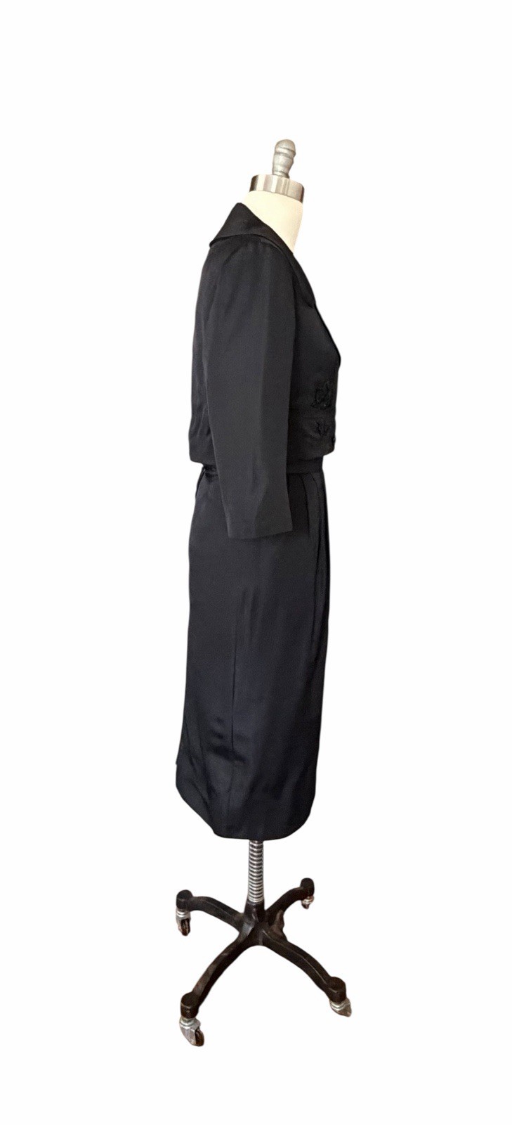 Vintage 1950s Black Tailored Skirt Suit With Cropped Jacket By Helen Rose