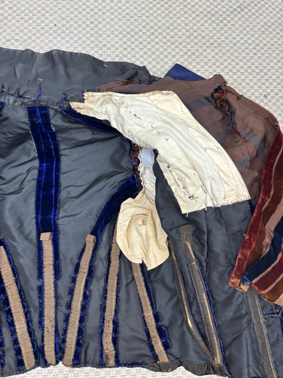 Antique Victorian Royal Blue Velvet Brown Stripes Jacket Leg of Mutton Sleeve