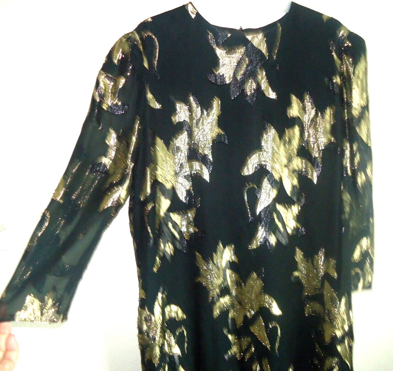 VINTAGE PATRA GOLD METALLIC FLORAL OVER BLACK DRESSY TUNIC & BLACK SATIN SKIRT