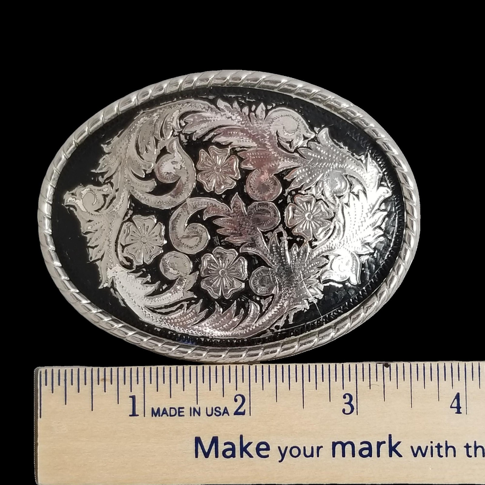Vintage Belt Buckle Western Filigree Shiny Chrome Silver And Black Color USA W