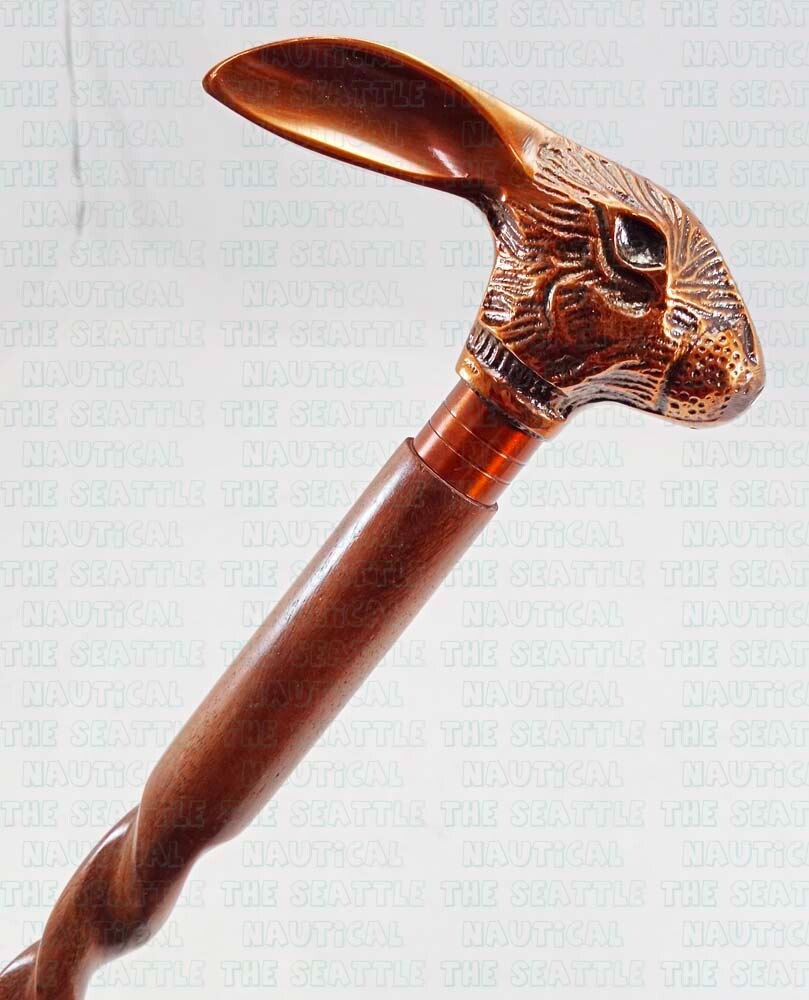 Copper Finish Rabbit Bunny Head Handle Wooden Walking Stick Cane Christmas Gift